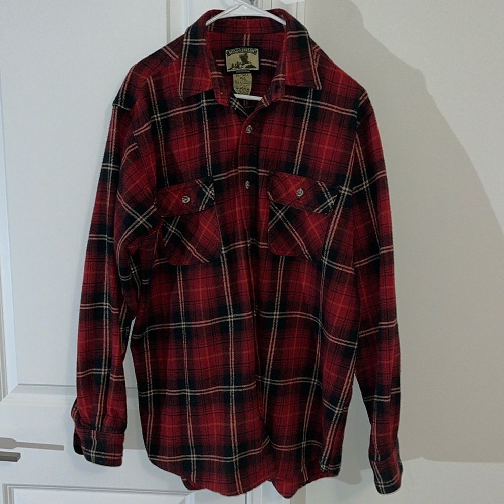 FIELD & STREAM BLANKET SHIRT SHACKET COTTON PLAID FLANNEL WESTERN RED BLACK TALL